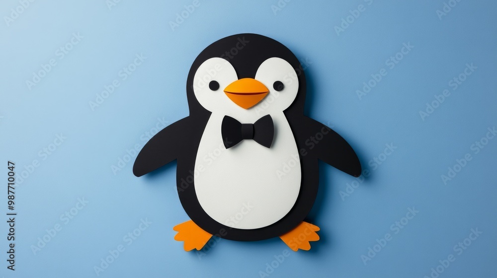 Penguin in bow tie paper cut on blue background fun animal-themed design perfect for children’s books or holiday posters Penguin in bow tie paper cut on blue background fun animal-themed design perfect for children’s books or holiday posters