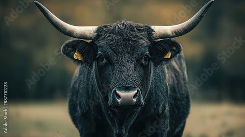 A powerful black bull with prominent curved horns standing in a grassy field, facing directly at the camera with a serious and intense expression, showing its majestic presence.