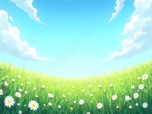 Vibrant Green Field of Daisies with Clear Blue Sky and Soft Clouds.