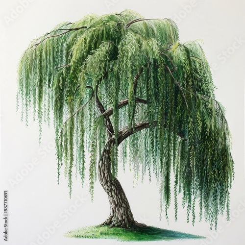 A watercolor painting of a weeping willow tree with long green branches and leaves.