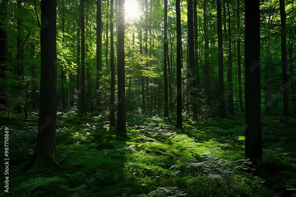 Naklejka premium Sunbeams shining through lush green forest trees and mossy ground, nature photography
