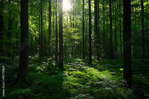 Sunbeams shining through lush green forest trees and mossy ground, nature photography