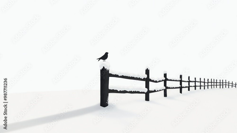 Naklejka premium Fence in snowy field with bird paper cut winter nature-themed design perfect for seasonal illustrations or nature posters