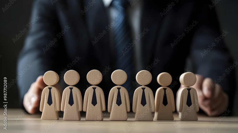 Wooden Figures of Businesspeople in a Row with a Blurred Businessperson in the Background. Wooden Figures of Businesspeople in a Row with a Blurred Businessperson in the Background.