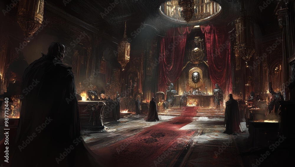 Dark, ornate chamber with a throne and figures. Dark, ornate chamber with a throne and figures.