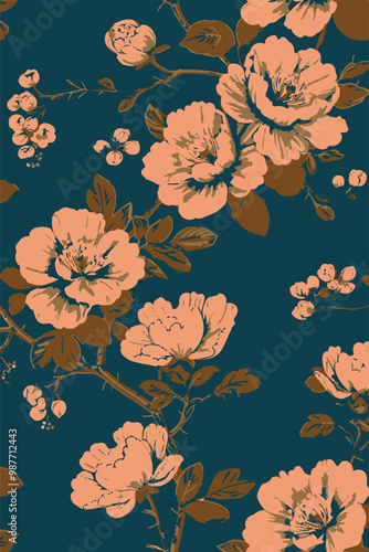 Cute hand drawn abstract flowers print. Modern cartoon style pattern. Fashionable template for design. Pink flower pattern, with blue backgrounds, vibrant acrylic colors brush strokes, vibrant florals