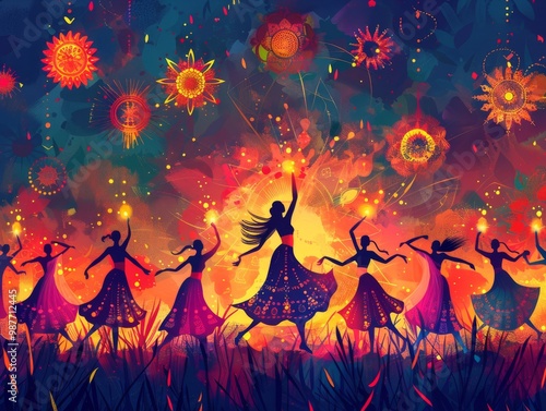 banner background of Navratri Day[A dynamic depiction of a Garba dance circle, with performers in full swing, surrounded by colorful decorations, capturing the energy and spirit of celebration]