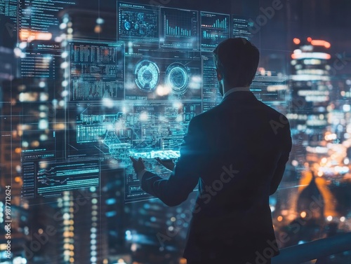 futuristic businessman analyzing holographic financial data in cityscape