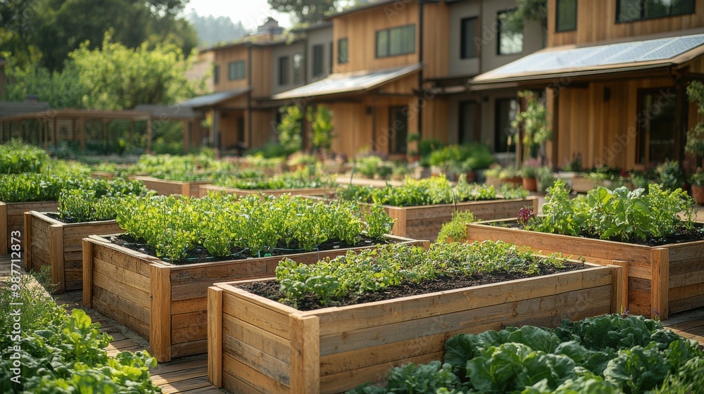 Community Garden With Raised Beds in Front of Modern Homes Community Garden With Raised Beds in Front of Modern Homes