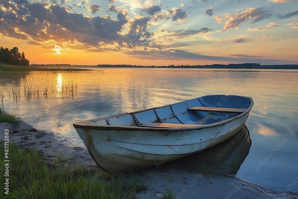 Rowboat on a lake shore at sunset. Peaceful and tranquil landscape with calm waters. Rowboat on a lake shore at sunset. Peaceful and tranquil landscape with calm waters.
