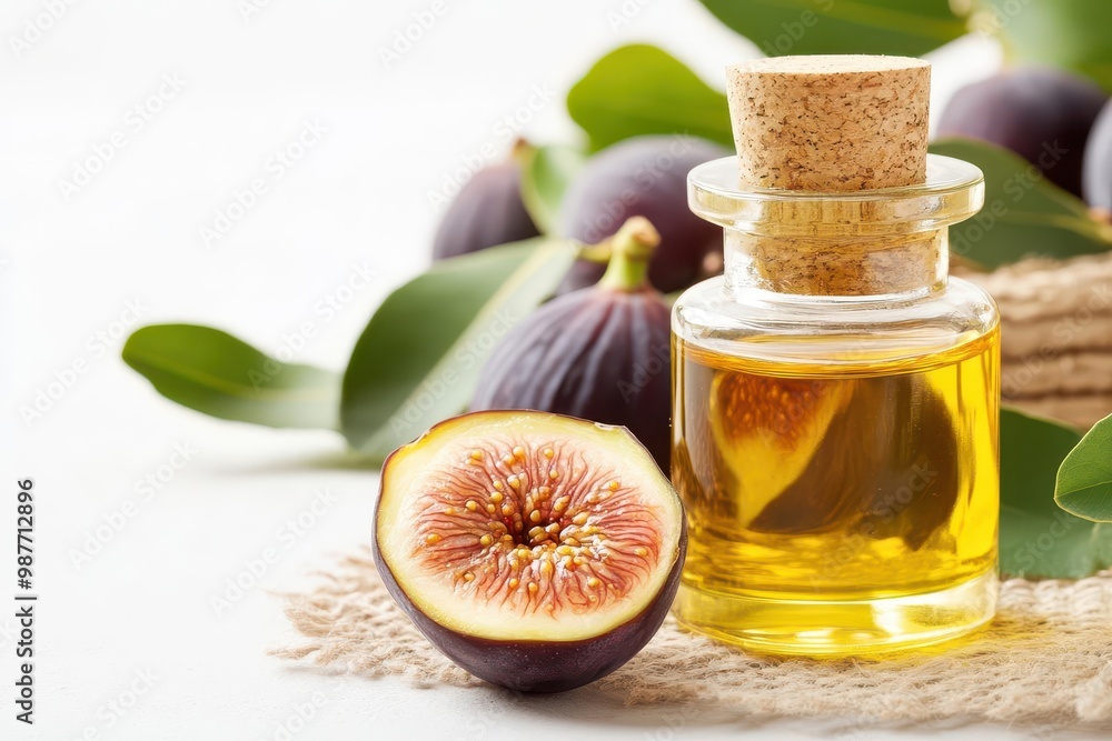 A glass bottle of fig oil with fresh figs and leaves. A glass bottle of fig oil with fresh figs and leaves.