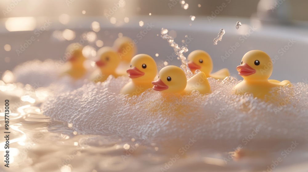 Cute rubber ducklings in bubbly water fun bath time-themed design perfect for children's books or playful illustrations Cute rubber ducklings in bubbly water fun bath time-themed design perfect for children's books or playful illustrations