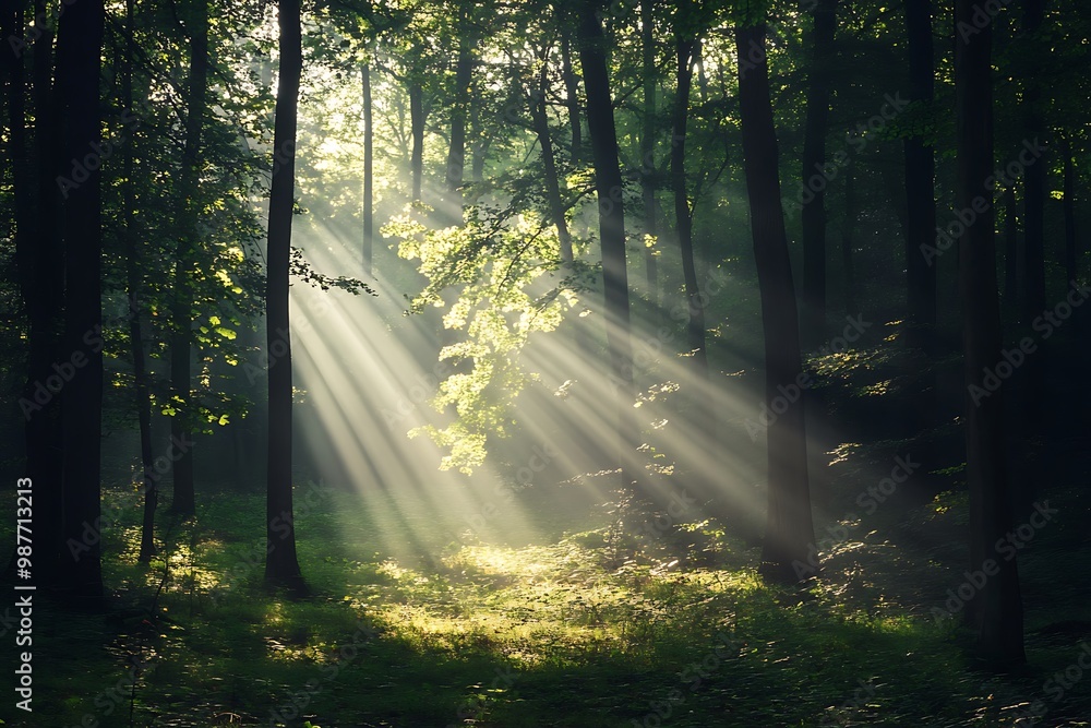 Fototapeta premium Sunbeams filtering through trees in a misty forest, nature photography, green leaves, pathway, light and shadow
