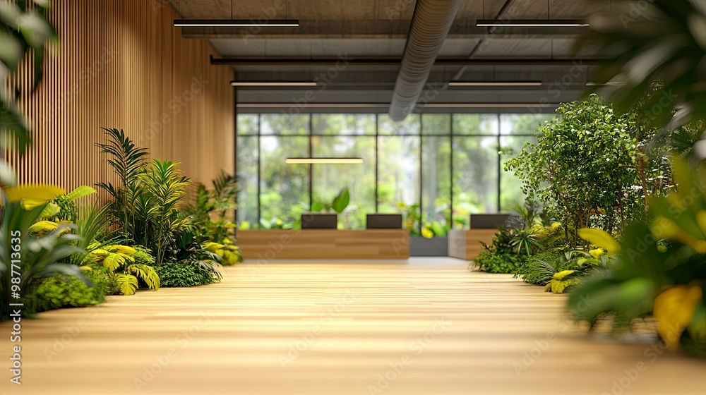 Wooden Corridor with Lush Greenery Leading to a Window View Wooden Corridor with Lush Greenery Leading to a Window View