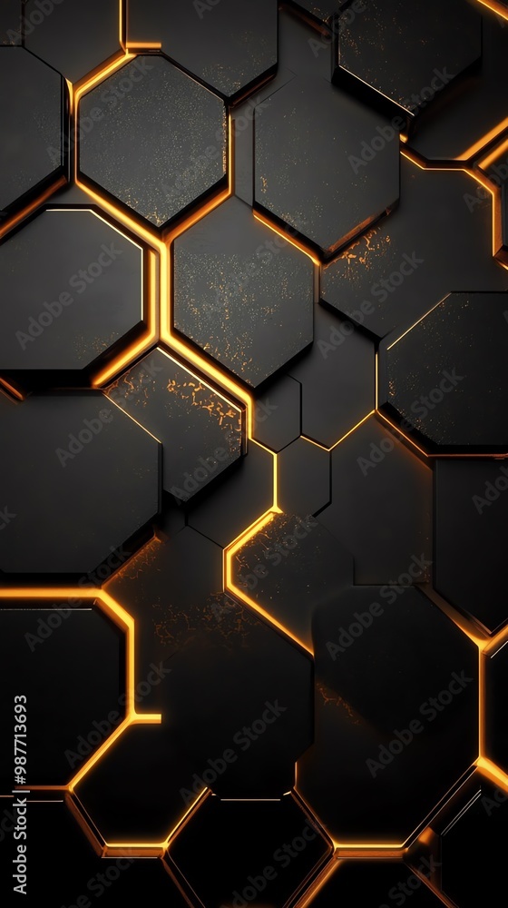 A striking hexagonal pattern with a sleek black surface illuminated by golden edges, perfect for modern backgrounds and designs. A striking hexagonal pattern with a sleek black surface illuminated by golden edges, perfect for modern backgrounds and designs.