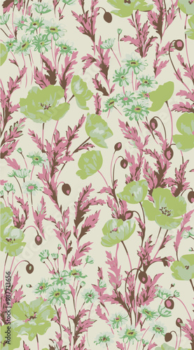 Cute hand drawn abstract flowers print. Modern cartoon style pattern. Fashionable template for design. Pink flower pattern, with blue backgrounds, vibrant acrylic colors brush strokes, vibrant florals