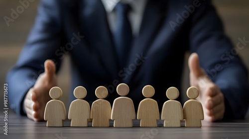 Businessman Protecting Wooden Figures Representing a Team