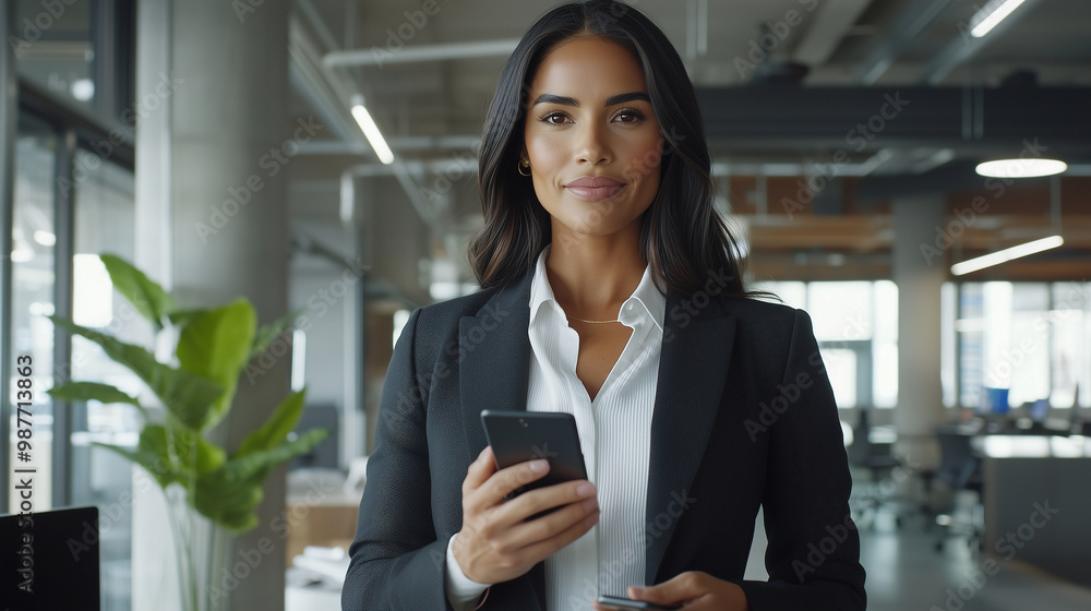focused Latin Hispanic female businesswoman holding her smartphone, engaged in online work while standing in a stylish office environment, demonstrating a blend of confidence and t focused Latin Hispanic female businesswoman holding her smartphone, engaged in online work while standing in a stylish office environment, demonstrating a blend of confidence and t