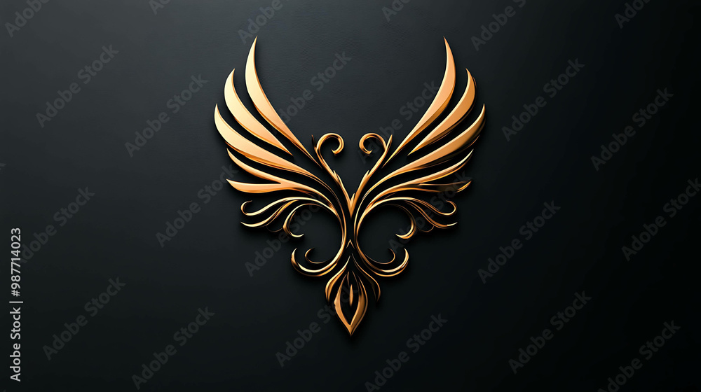 Fototapeta premium Golden phoenix with spread wings on a black background.