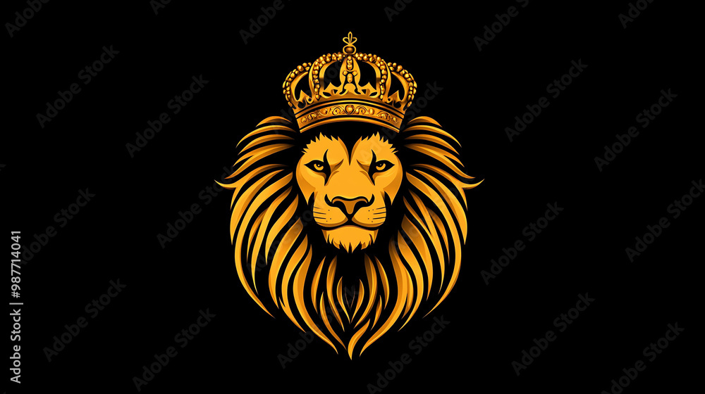 Fototapeta premium Golden lion with crown, black background.