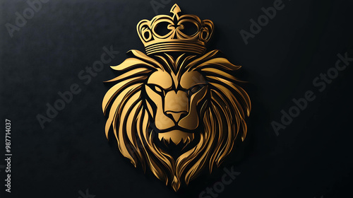 Golden lion head with crown on dark background. photo