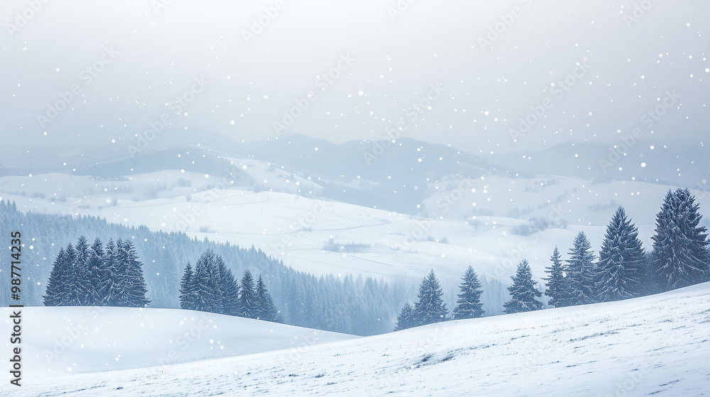 Obraz premium Snowy mountain landscape with winter wonderland, evergreen trees covered in snow, serene nature scene, snowfall, peaceful view, outdoor beauty, cold weather concept
