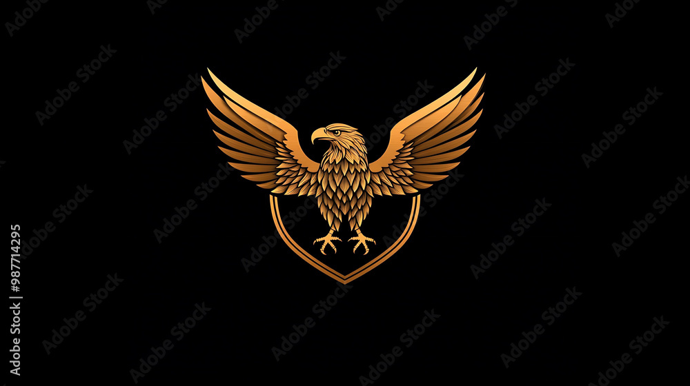 A golden eagle with its wings spread wide, perched atop a shield, isolated against a black background. A golden eagle with its wings spread wide, perched atop a shield, isolated against a black background.