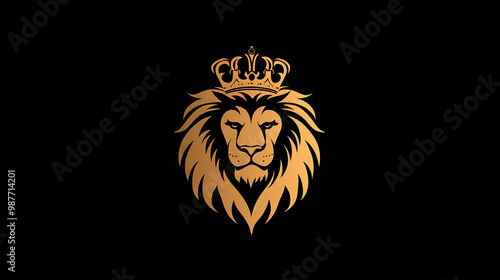 Golden lion head with a crown, on a black background.