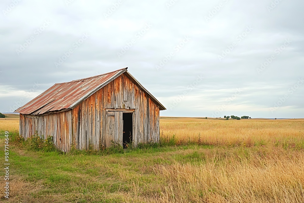 Rustic Wooden Barn in a Field of Wheat Under a Cloudy Sky Rustic Wooden Barn in a Field of Wheat Under a Cloudy Sky