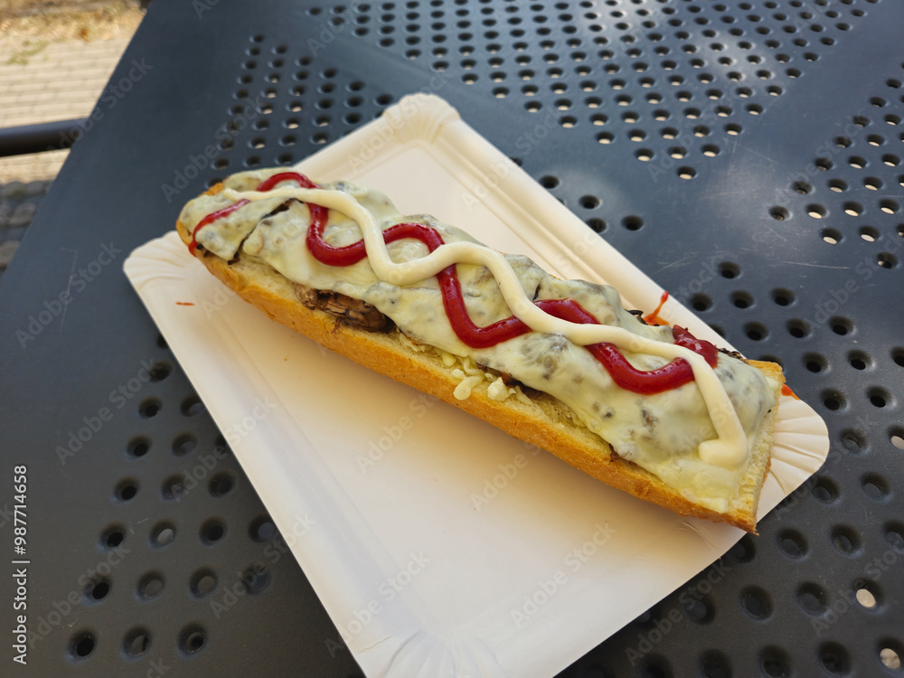 Polish Traditional Zapiekanka Food Hot Sliced Baguette With Mushrooms polish-traditional-zapiekanka-food-hot-sliced-baguette-with-mushrooms
