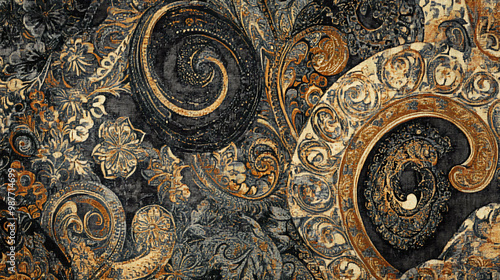 Intricate paisley pattern in gold and blue tones on a dark background.