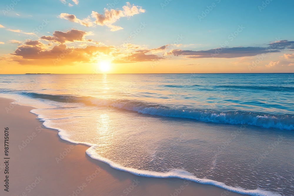Golden sunset over calm ocean with white sand beach and gentle waves. Tropical vacation, summer vibes Golden sunset over calm ocean with white sand beach and gentle waves. Tropical vacation, summer vibes