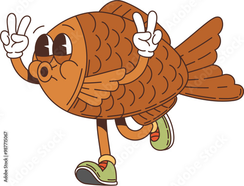 Retro Japanese taiyaki fish groovy character in cartoon comic, vector funny pastry dessert. Groovy funky taiyaki fish cake with happy face and whistling in good vibes, Japanese cartoon food character