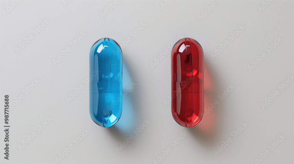 Red and blue pills capsules isolated on white background. A red and a blue pill antibiotic capsule Red and blue pills capsules isolated on white background. A red and a blue pill antibiotic capsule