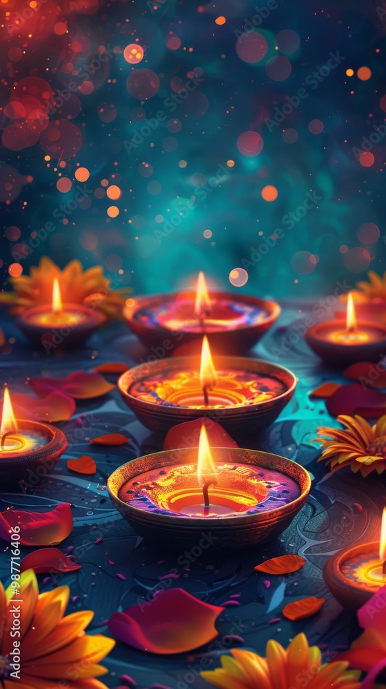 banner background of Navratri Day, a detailed illustration of colorful diyas and candles arranged artfully on a decorated table, symbolizing light and hope during the festival banner background of Navratri Day, a detailed illustration of colorful diyas and candles arranged artfully on a decorated table, symbolizing light and hope during the festival