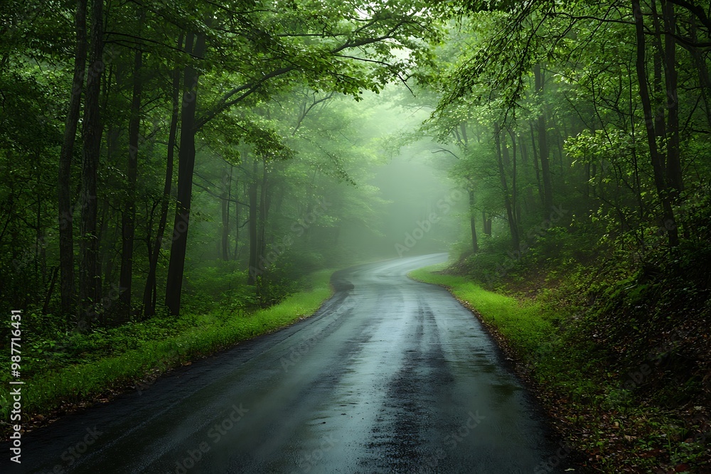 Naklejka premium Misty Forest Road with Green Trees and Lush Undergrowth