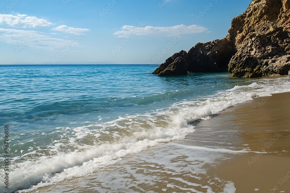 Calm turquoise ocean water lapping onto a sandy beach with rocks on the shore under a bright blue sky Calm turquoise ocean water lapping onto a sandy beach with rocks on the shore under a bright blue sky