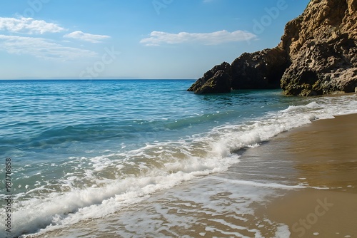 Calm turquoise ocean water lapping onto a sandy beach with rocks on the shore under a bright blue sky