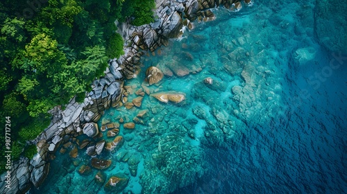 Aerial View of Lush Green Forest Meeting Turquoise Ocean Water and Rocks