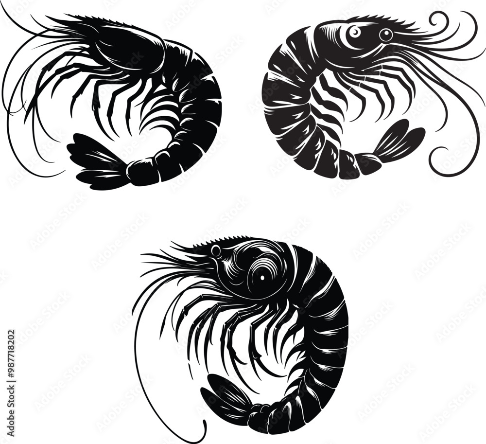 A set of shrimp silhouette vector art style image A set of shrimp silhouette vector art style image
