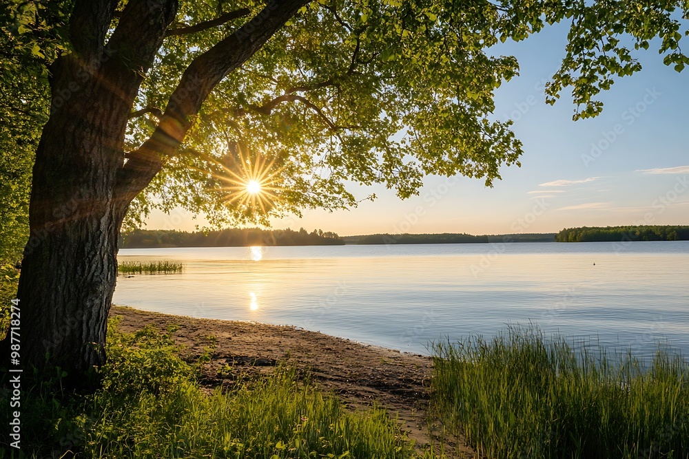 Sunset over tranquil lake with tree silhouette and sun rays Sunset over tranquil lake with tree silhouette and sun rays