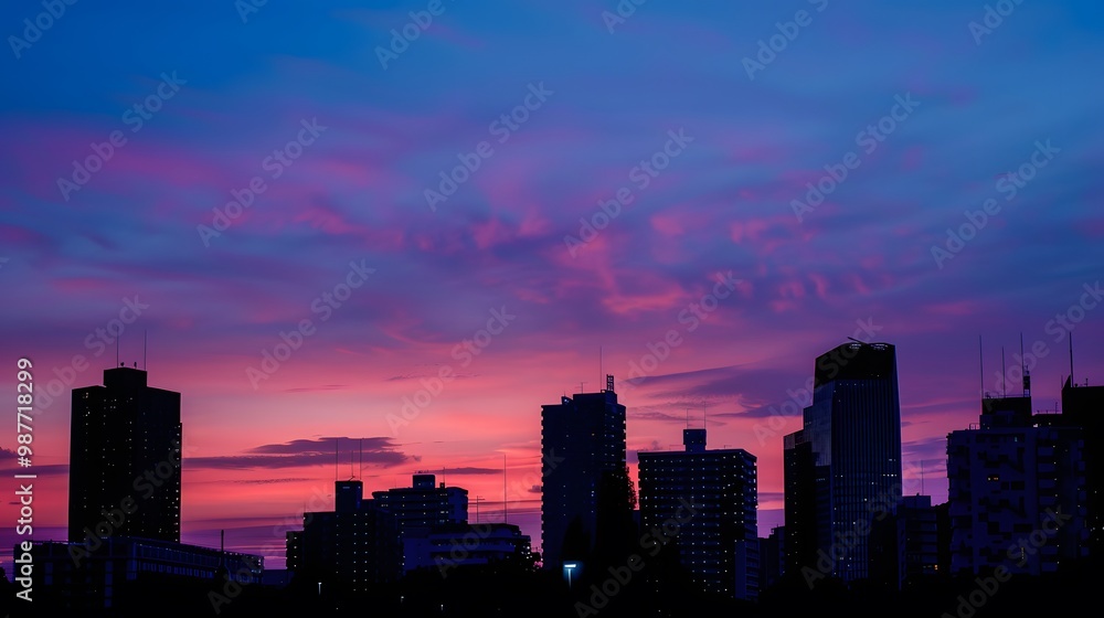 Silhouetted Cityscape Against a Vibrant Pink and Blue Sunset Sky. Silhouetted Cityscape Against a Vibrant Pink and Blue Sunset Sky.