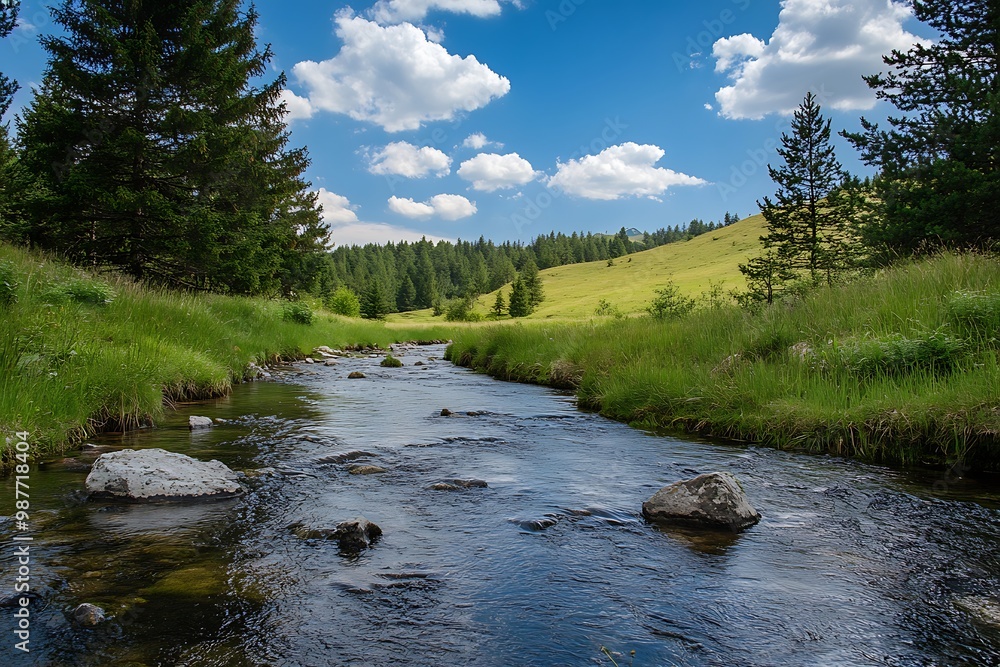 Fototapeta premium Tranquil Stream Flowing Through Lush Green Meadow Under a Blue Sky
