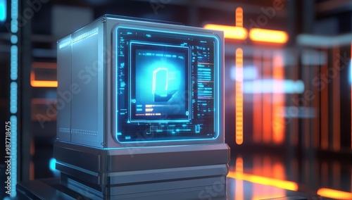 Futuristic computer monitor with blue glow.