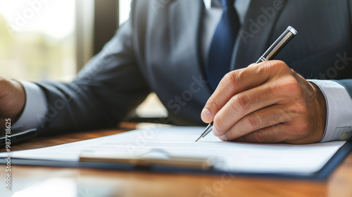 Confident businessman signing a contract, surrounded by financial documents, symbolizing price guarantees and business security.