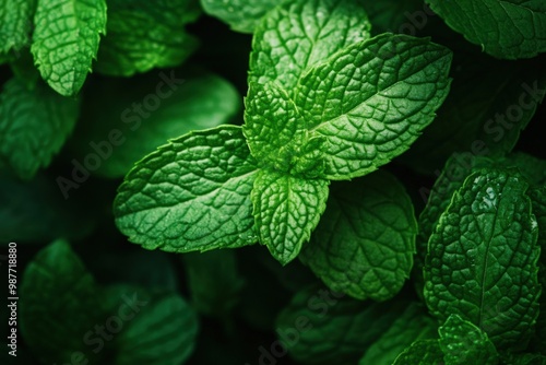 Fresh Mint Leaves with Water Droplets