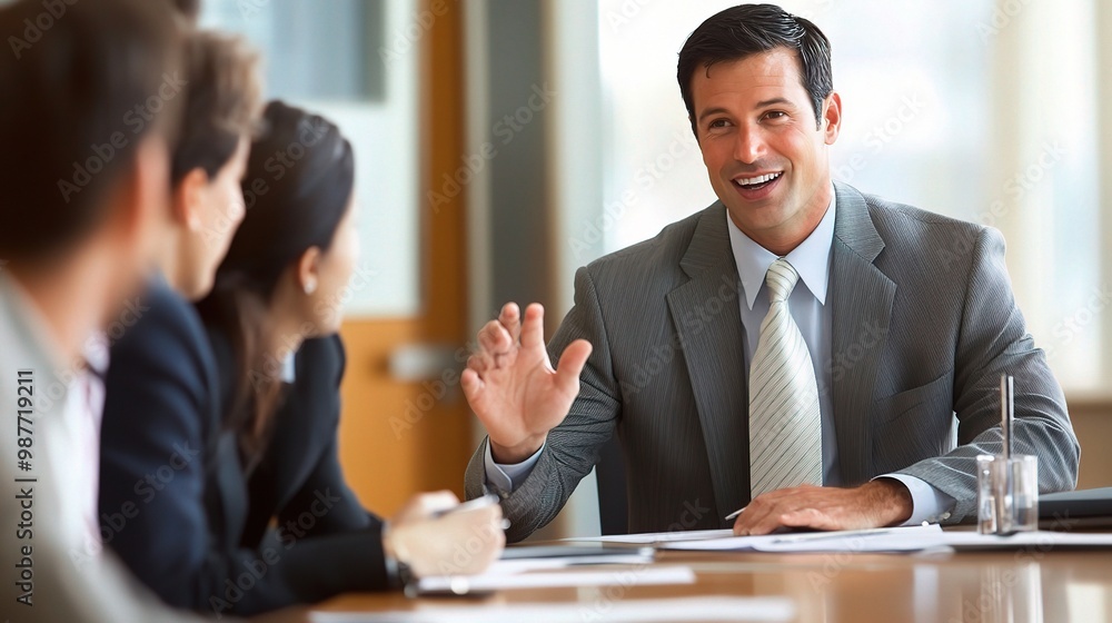 Confident Leadership: A charismatic businessman leads a meeting with colleagues, fostering communication and collaboration. Confident Leadership: A charismatic businessman leads a meeting with colleagues, fostering communication and collaboration.