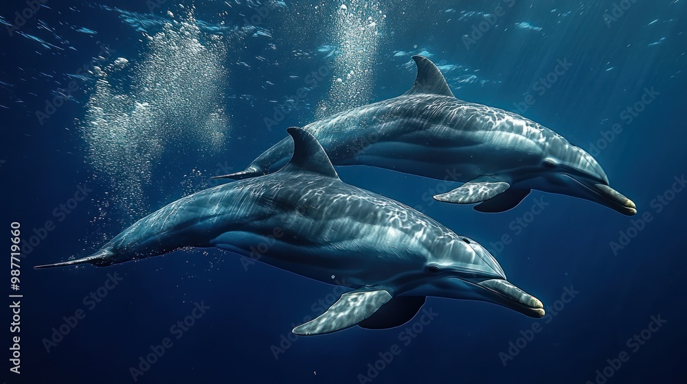 Fototapeta premium Two Dolphins Swimming Underwater with Sunlit Reflections, Captured in a Calm Ocean Scene