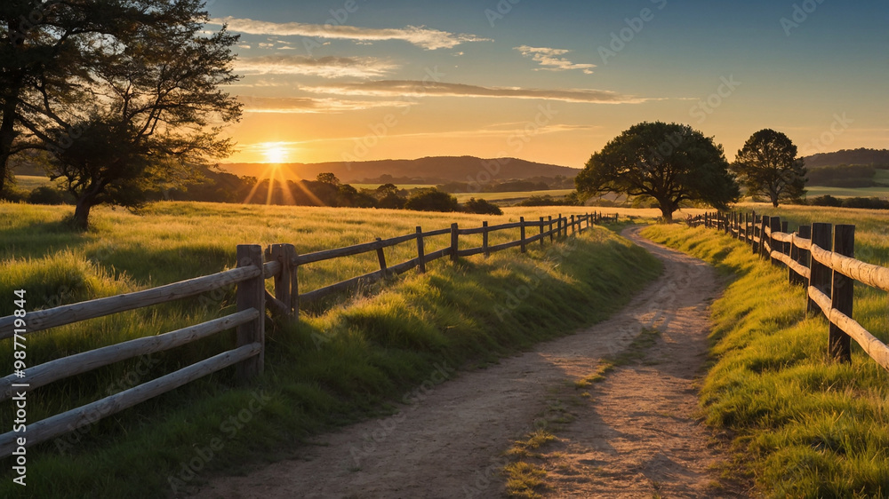 Beautiful rural landscape with a dirt road, large tree, fencing, and a sunset sky, lush green grass. Beautiful rural landscape with a dirt road, large tree, fencing, and a sunset sky, lush green grass.