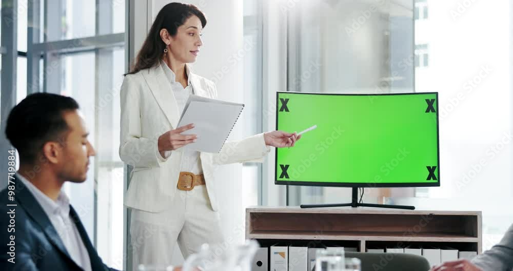 Computer, green screen and meeting with business people in office for financial forecasting. Finance team, tracking markers and tech with chroma key for capital allocation for investment presentation Computer, green screen and meeting with business people in office for financial forecasting. Finance team, tracking markers and tech with chroma key for capital allocation for investment presentation